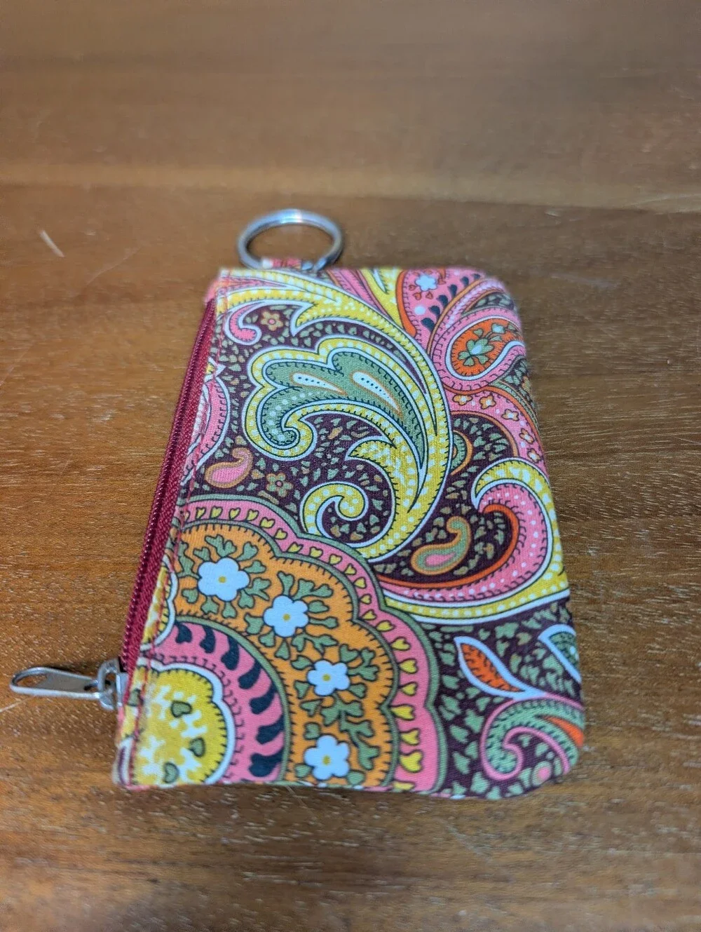 Chaume Pink Paisley Card Holder Keychain with ID Window Small Zipper Wallet